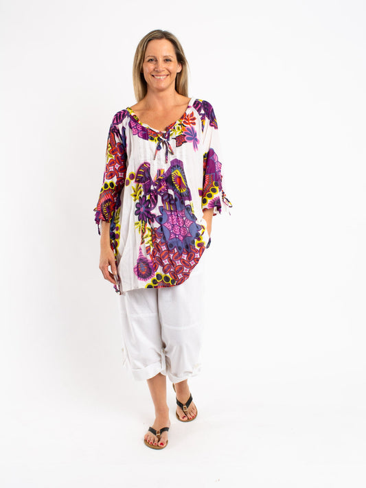 Pleated Round Neck Top with Ties in White Floral