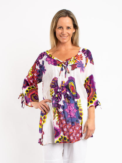 Pleated Round Neck Top with Ties in White Floral