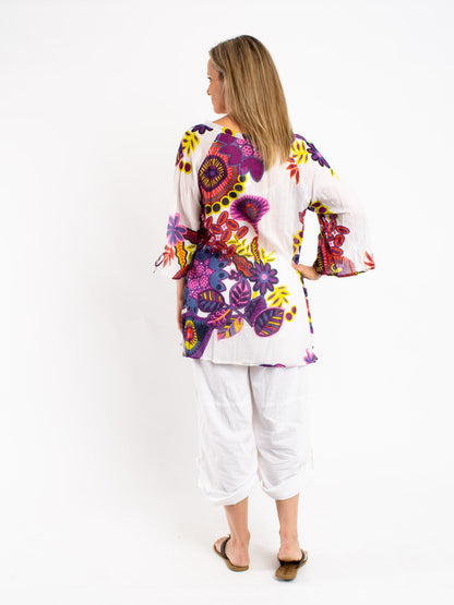 Pleated Round Neck Top with Ties in White Floral