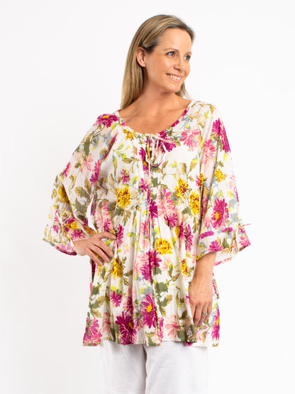 Pleated Round Neck Tie Top with ties in Ecru Floral