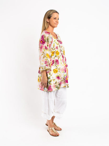 Pleated Round Neck Tie Top with ties in Ecru Floral