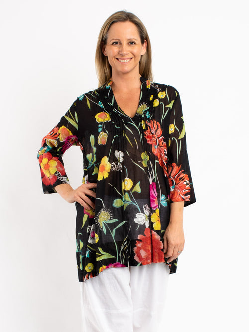 Pleated Long Top in Black Floral