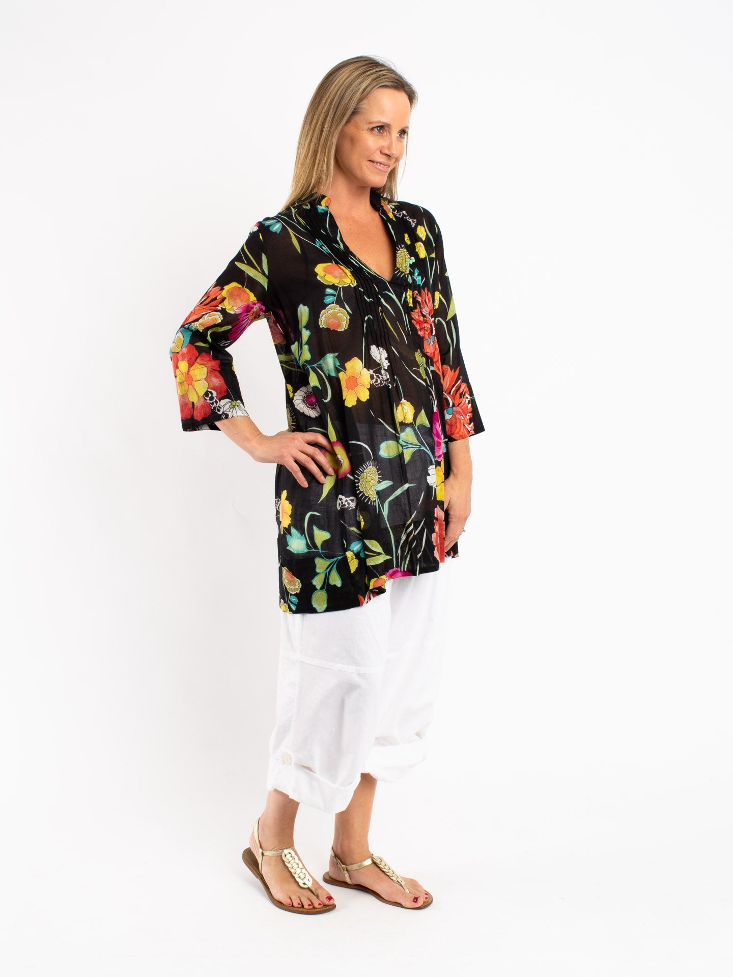 Pleated Long Top in Black Floral