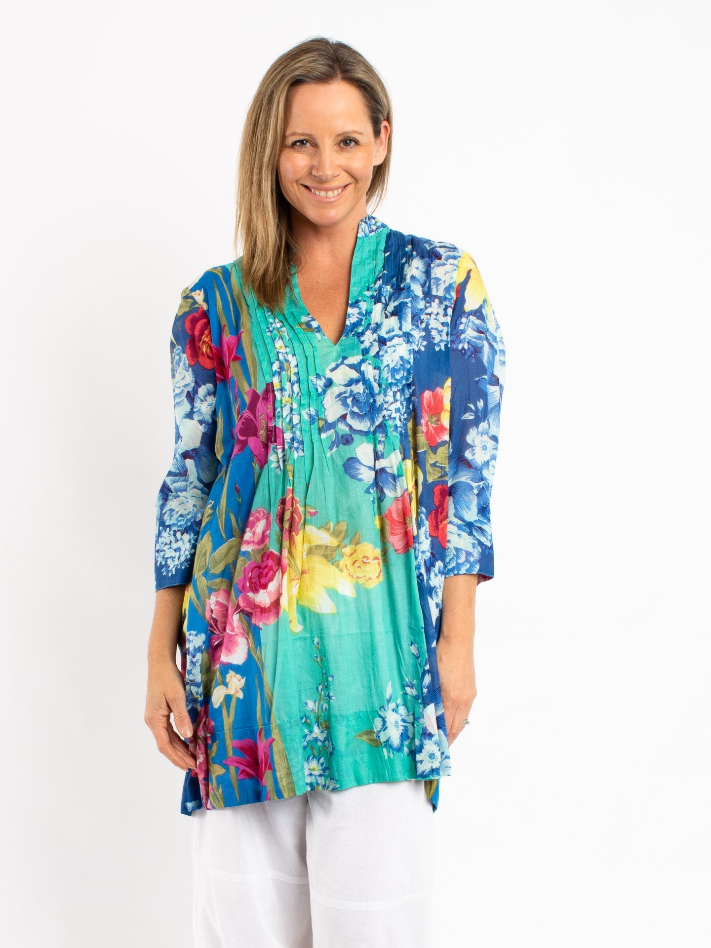 Pleated Long Top in Turquoise and Blue