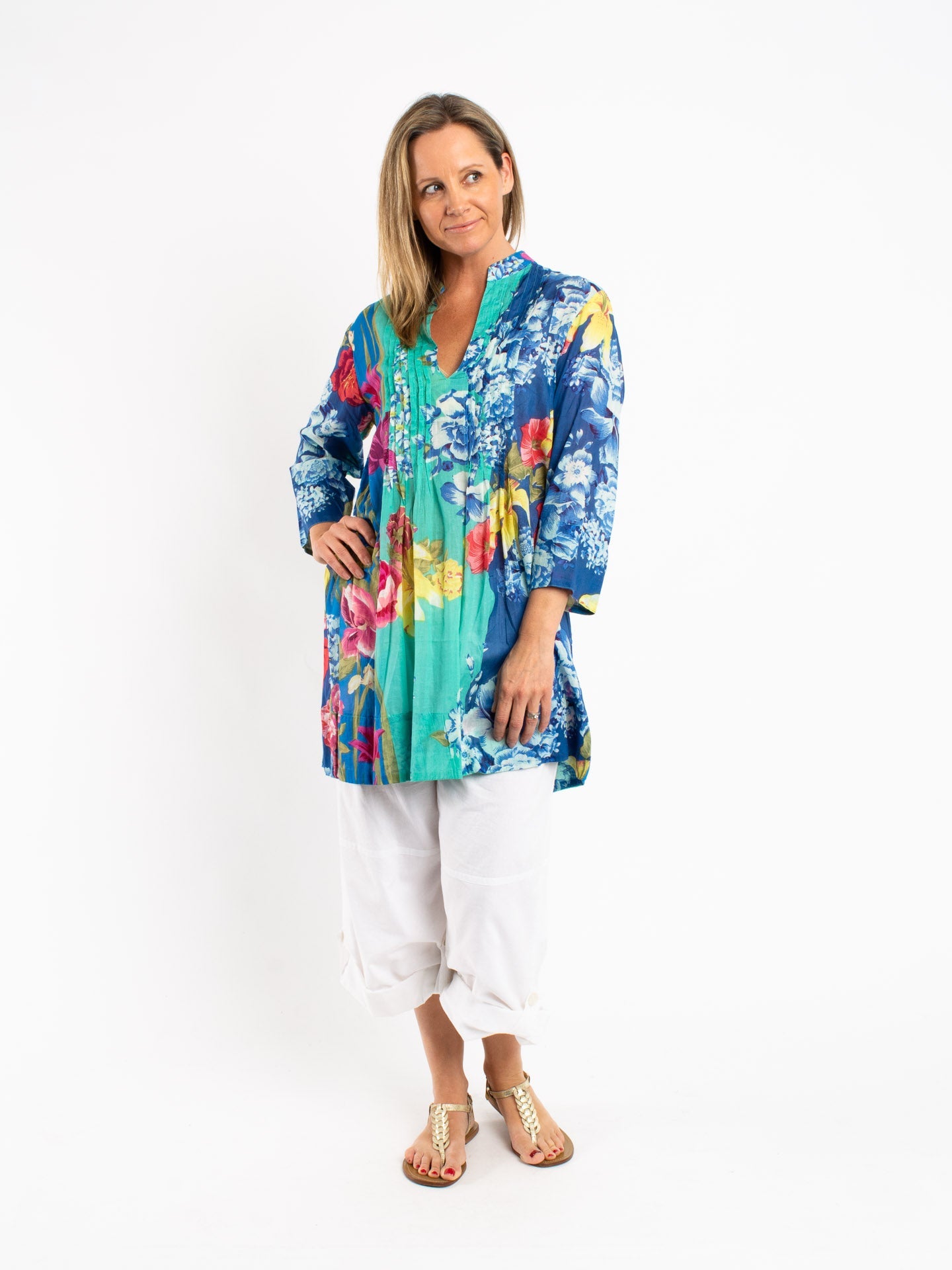Pleated Long Top in Turquoise and Blue