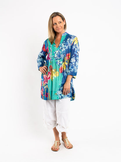 Pleated Long Top in Turquoise and Blue