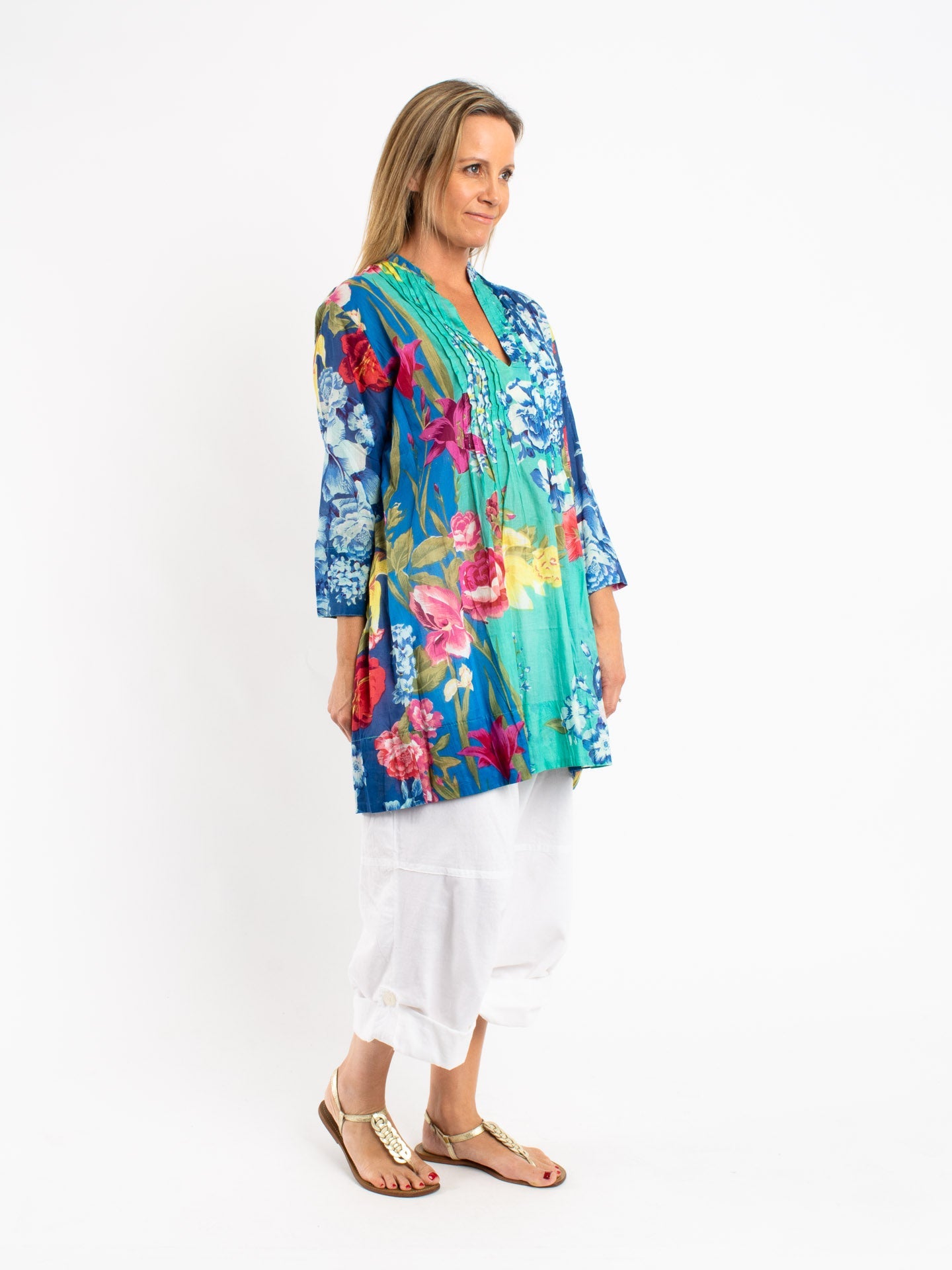 Pleated Long Top in Turquoise and Blue
