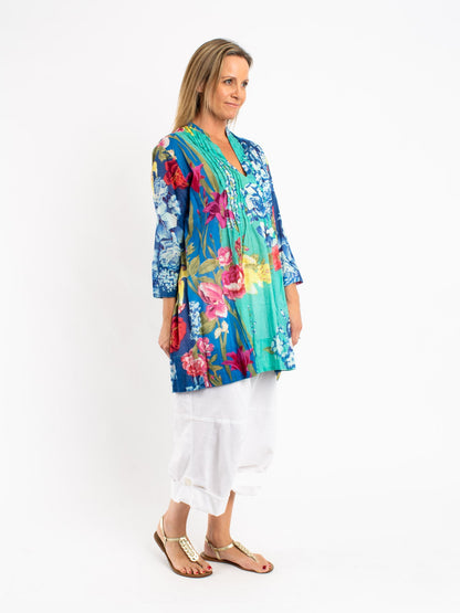 Pleated Long Top in Turquoise and Blue