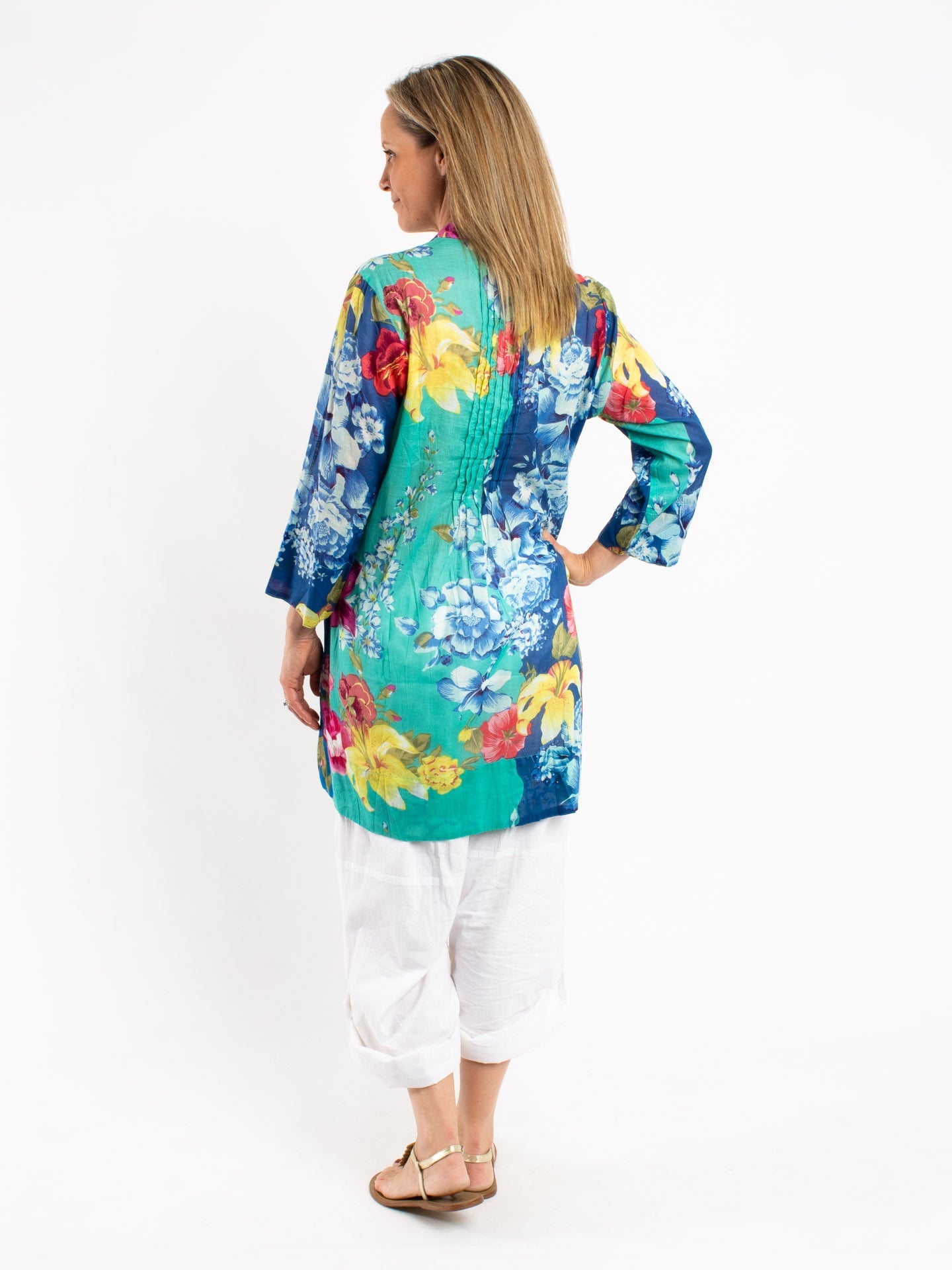 Pleated Long Top in Turquoise and Blue