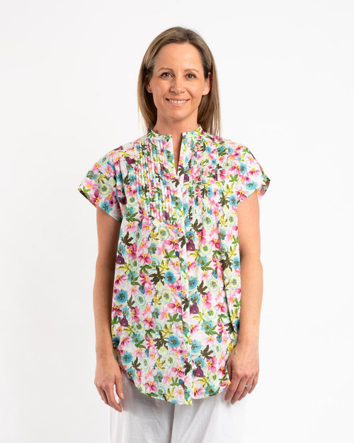Cap Sleeve Shirt in Lime Pink Floral