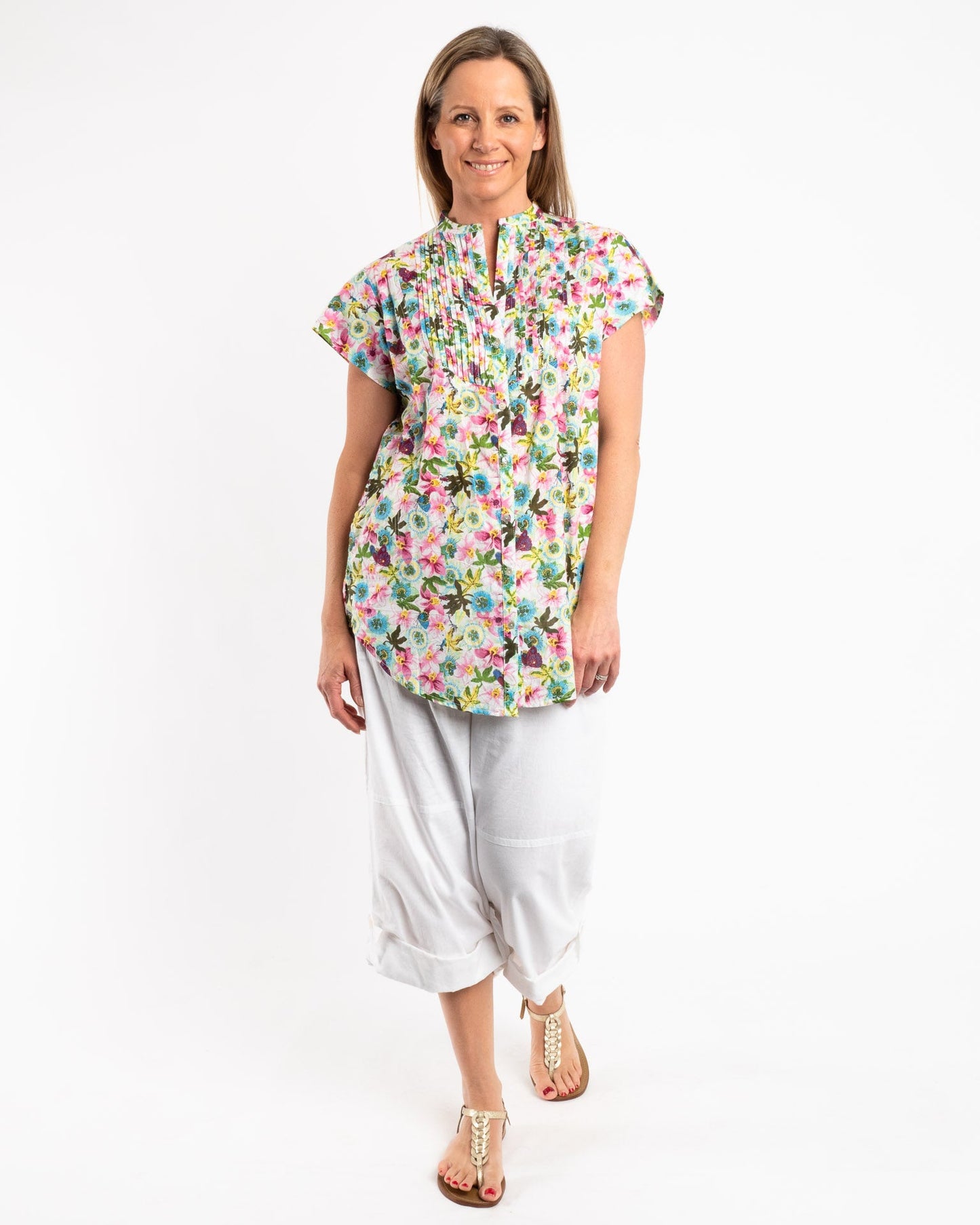 Cap Sleeve Shirt in Lime Pink Floral