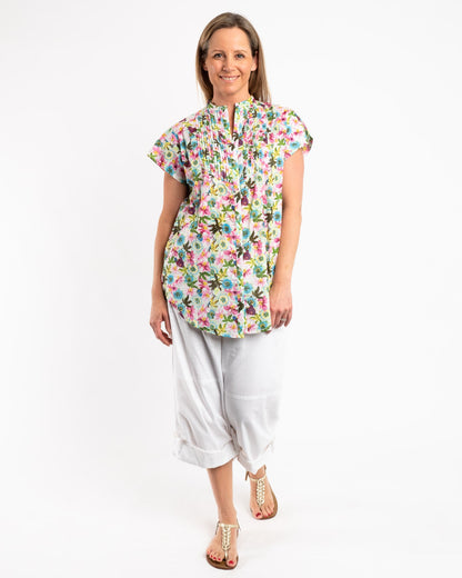 Cap Sleeve Shirt in Lime Pink Floral