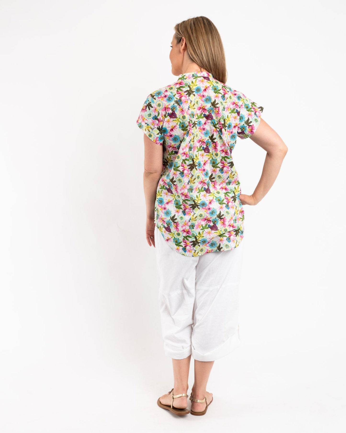 Cap Sleeve Shirt in Lime Pink Floral