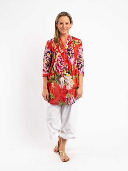 Long Pleated Shirt in Orange Red