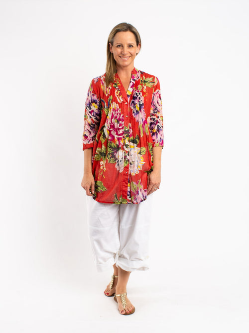 Long Pleated Shirt in Orange Red