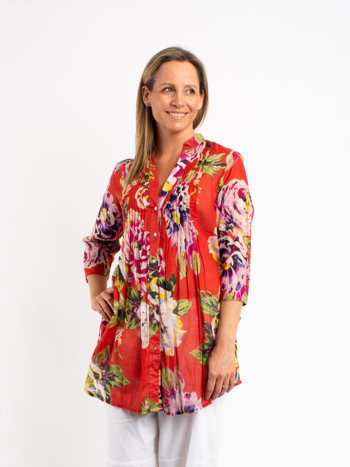 Long Pleated Shirt in Orange Red