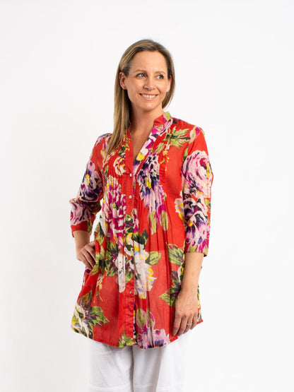 Long Pleated Shirt in Orange Red