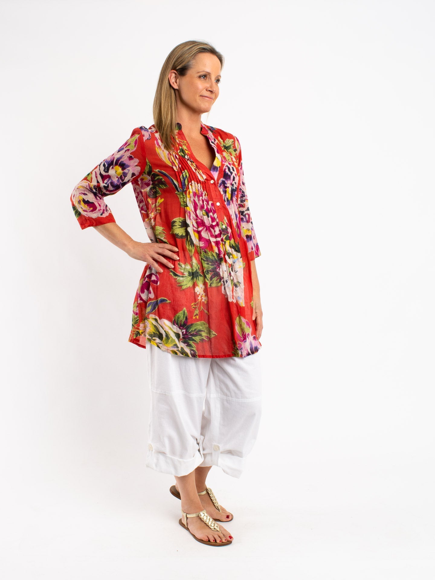 Long Pleated Shirt in Orange Red