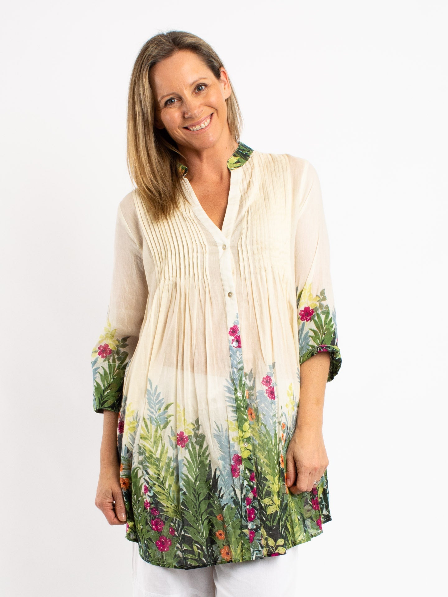 Long Pleated Shirt in Tropical Garden