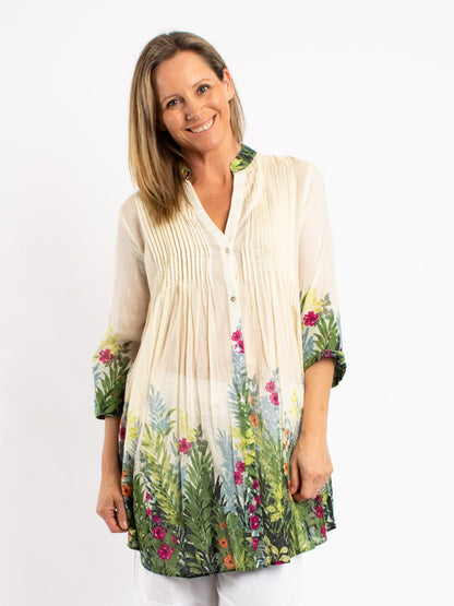 Long Pleated Shirt in Tropical Garden