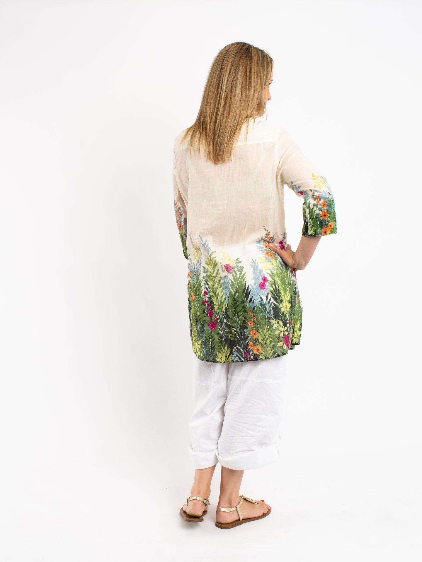 Long Pleated Shirt in Tropical Garden
