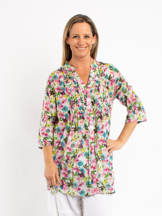 Long Pleated Shirt in Green Pink Garden