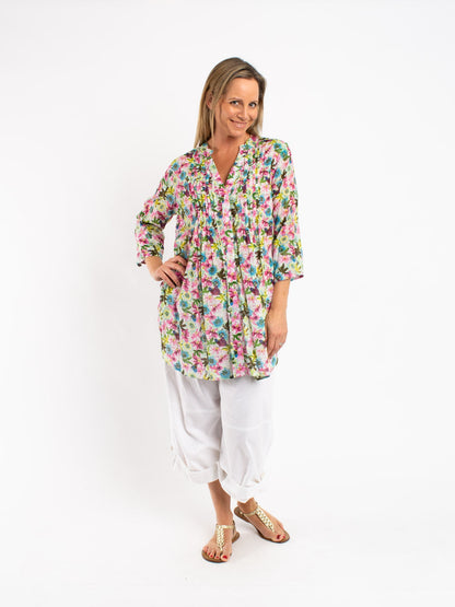 Long Pleated Shirt in Green Pink Garden