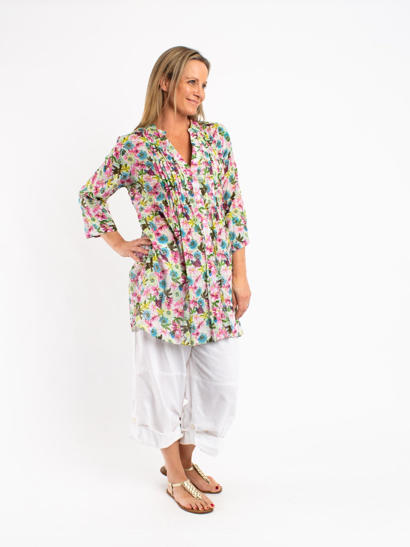 Long Pleated Shirt in Green Pink Garden