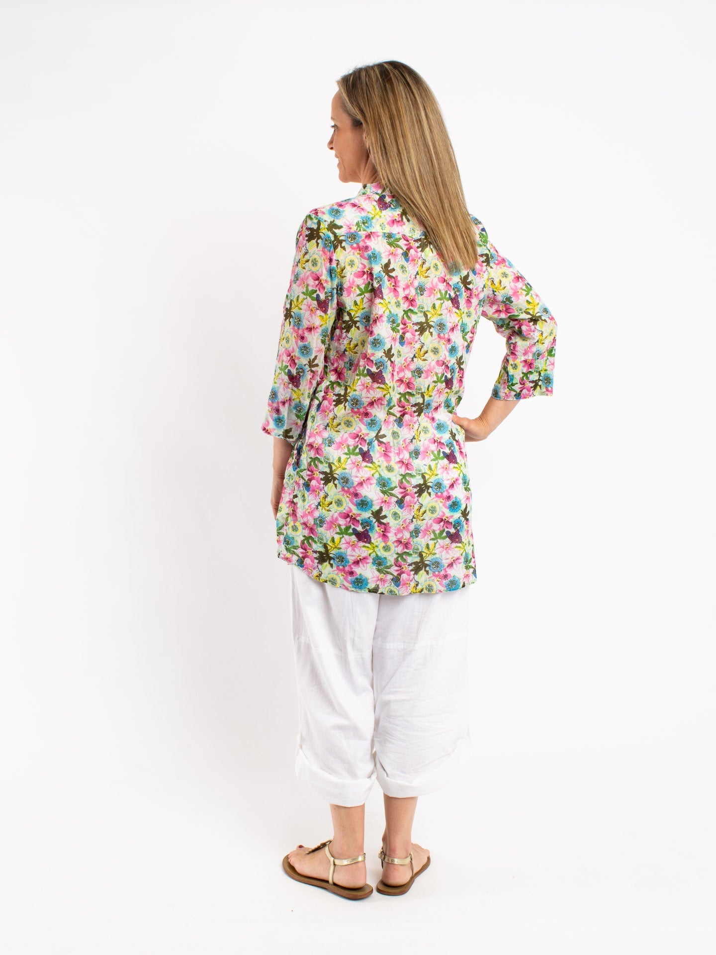 Long Pleated Shirt in Green Pink Garden