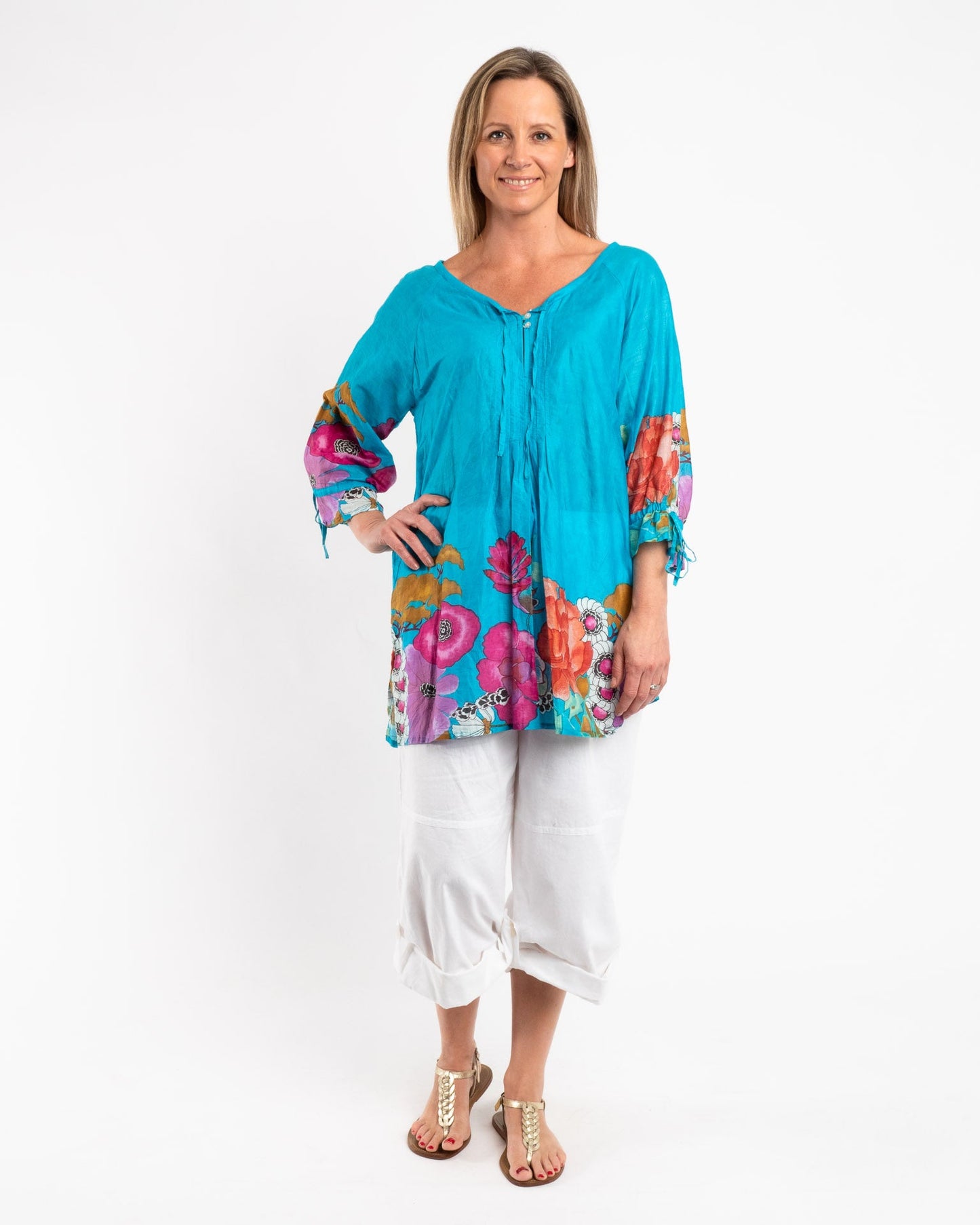 Pleated Round Neck Top with Ties inVibrant Blue Floral