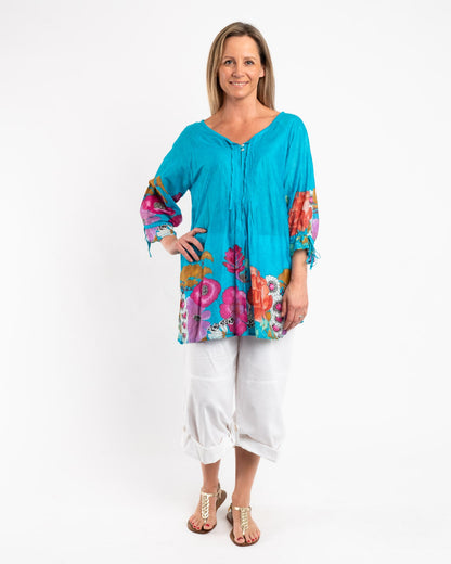 Pleated Round Neck Top with Ties inVibrant Blue Floral
