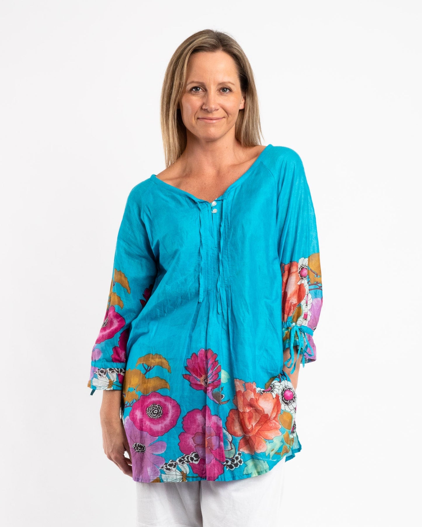Pleated Round Neck Top with Ties inVibrant Blue Floral