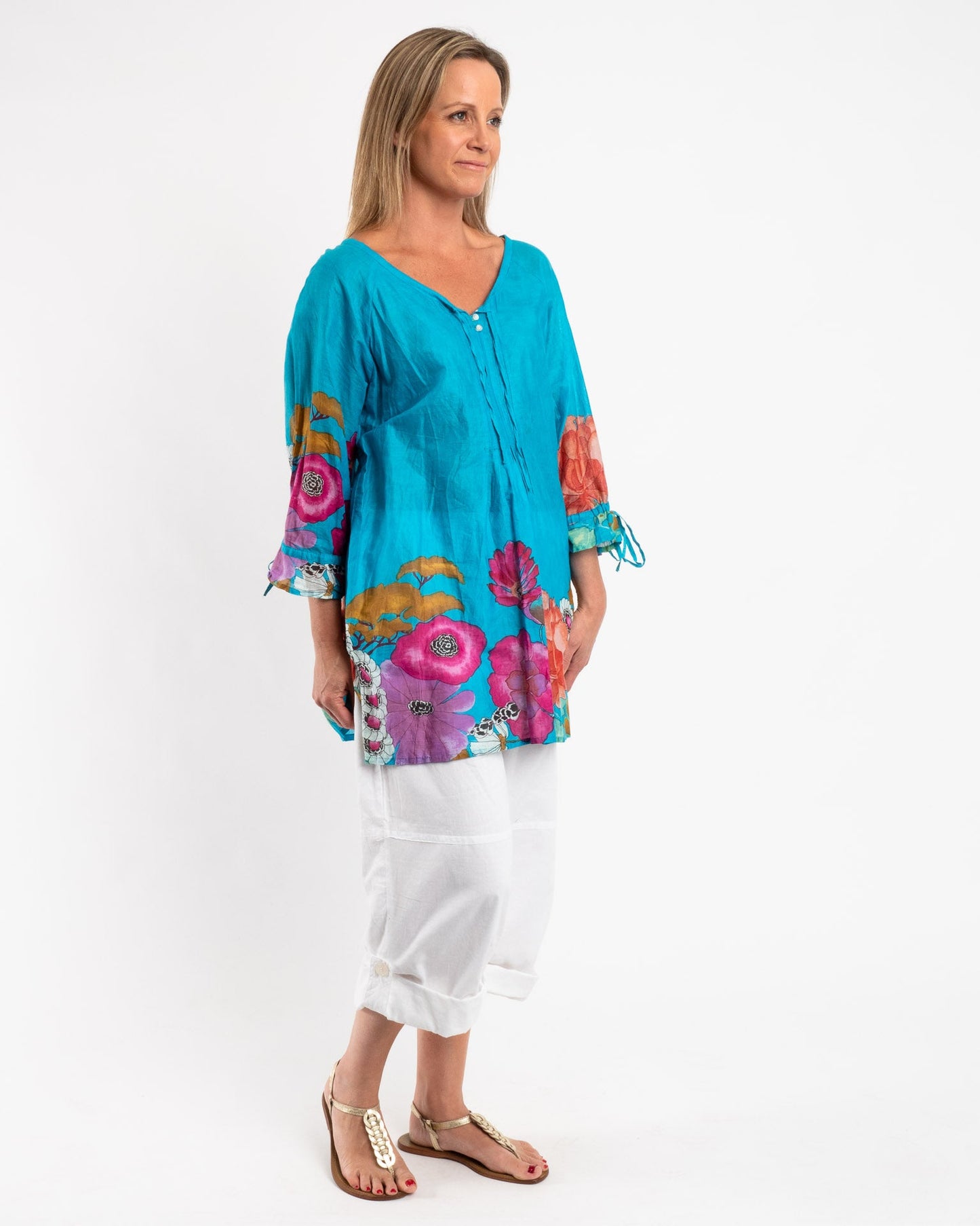 Pleated Round Neck Top with Ties inVibrant Blue Floral