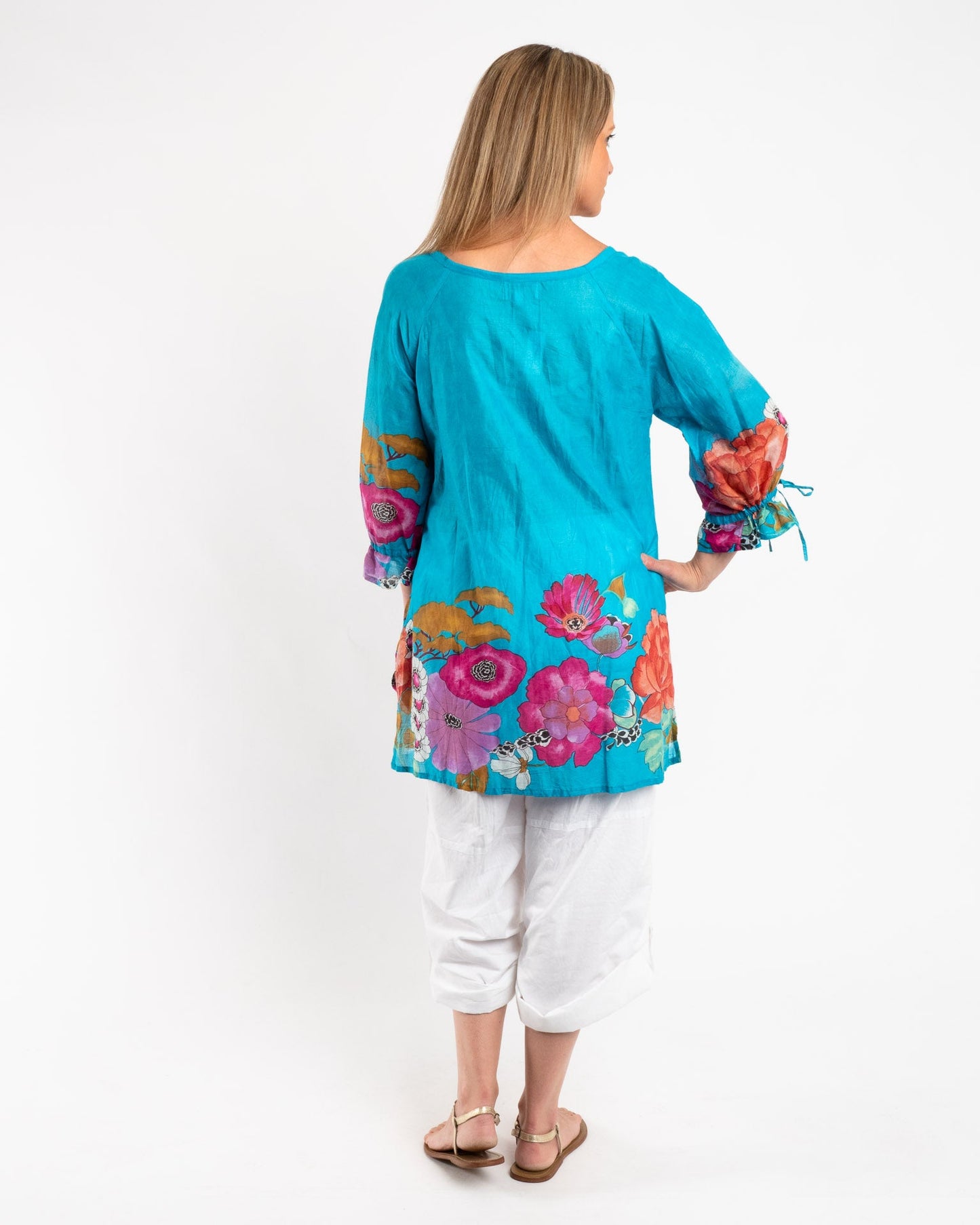 Pleated Round Neck Top with Ties inVibrant Blue Floral