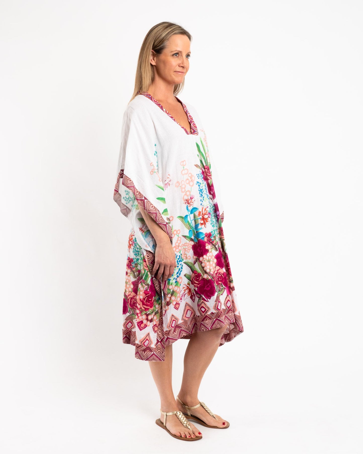 Beaded Flowing Kaftan in Rose Petal Floral