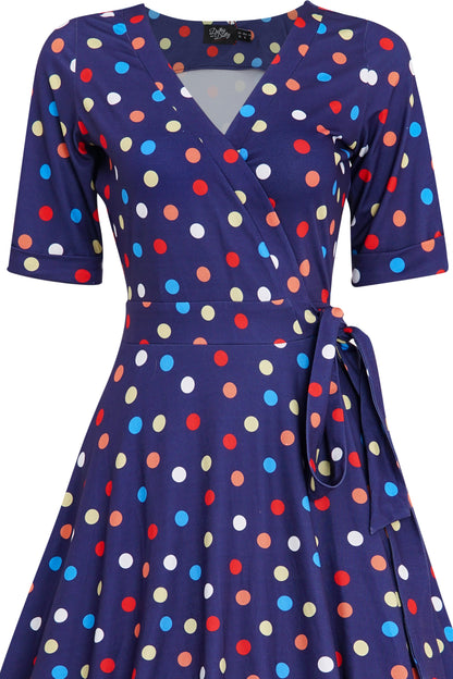 Matilda Colourful Polka Dot Knit Wrap Dress in Purple