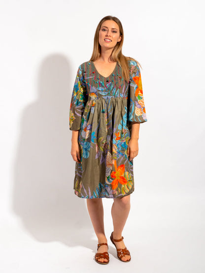 Billinudgel Dress in Khaki Birds