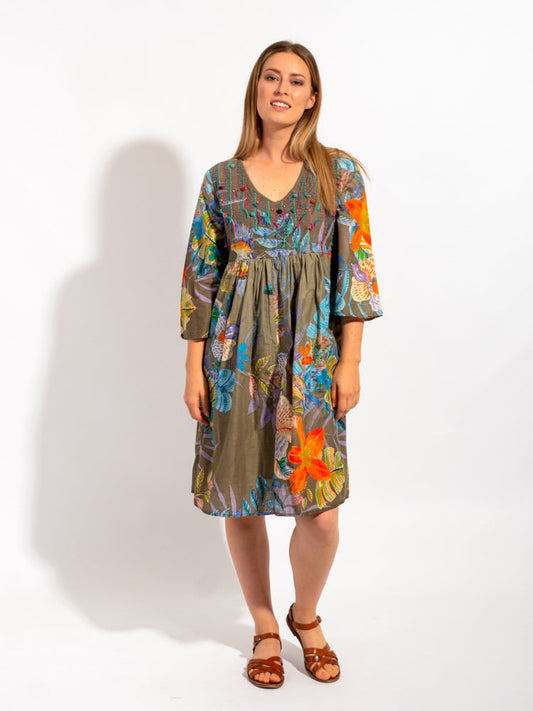 Billinudgel Dress in Khaki Birds