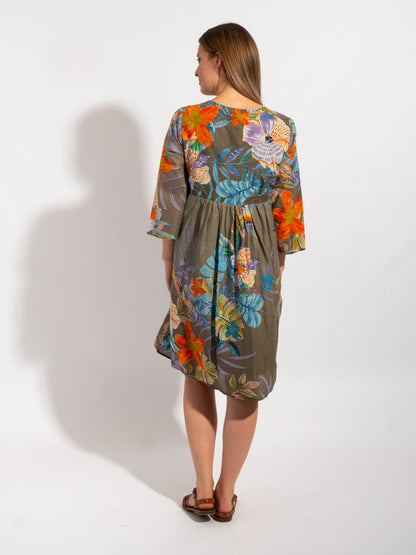 Billinudgel Dress in Khaki Birds