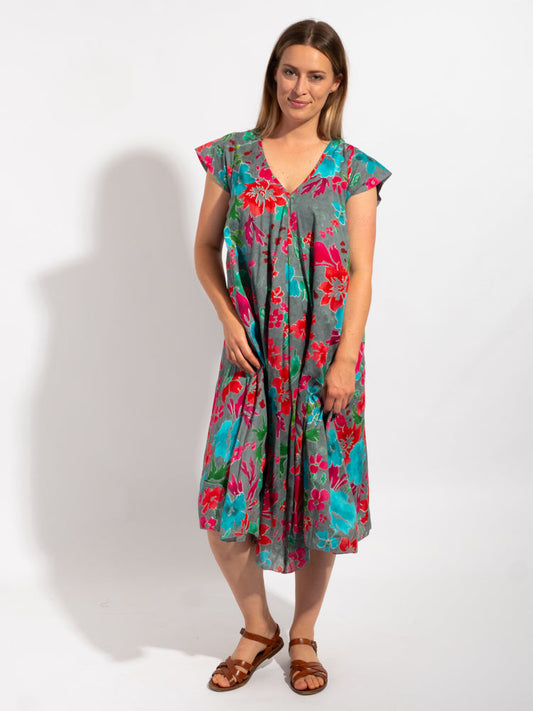Maheno Dress in Grey Red Floral