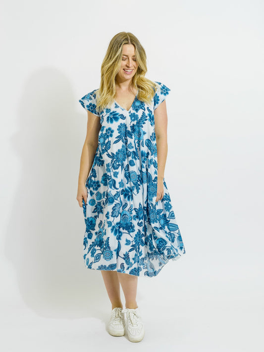 Maheno Dress in Blue on White Floral
