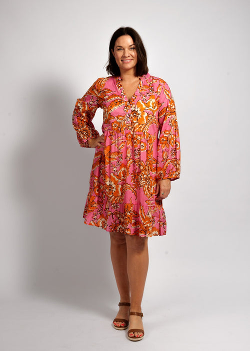 Sofia Dress in Orange Pink Garden