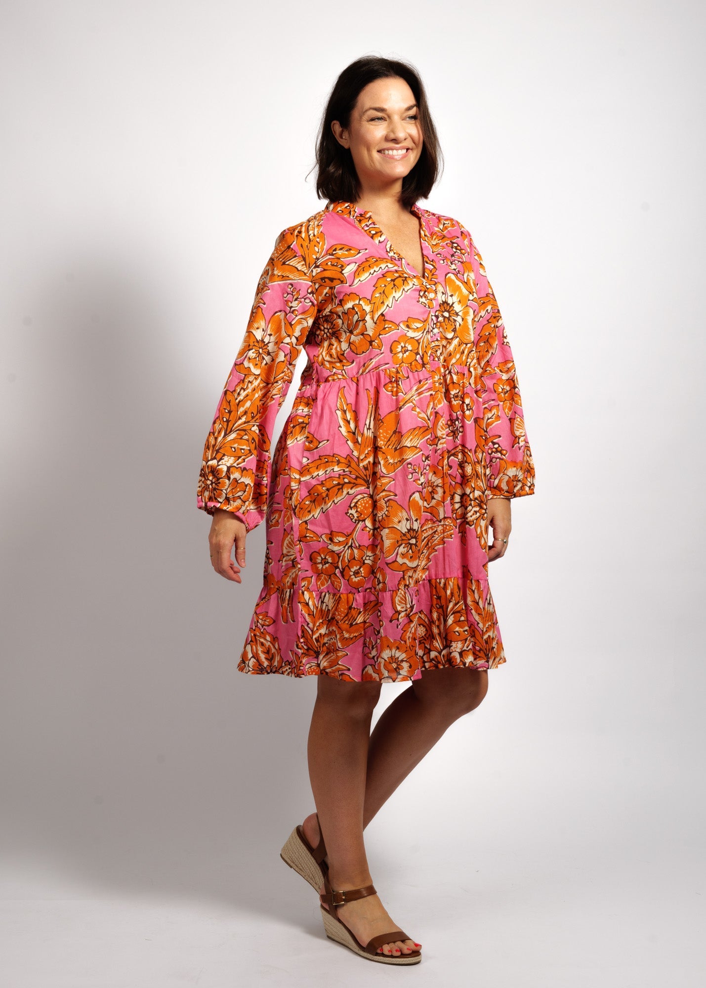 Sofia Dress in Orange Pink Garden