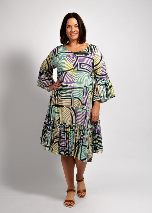 Lucia Dress in Lime Mauve Linea