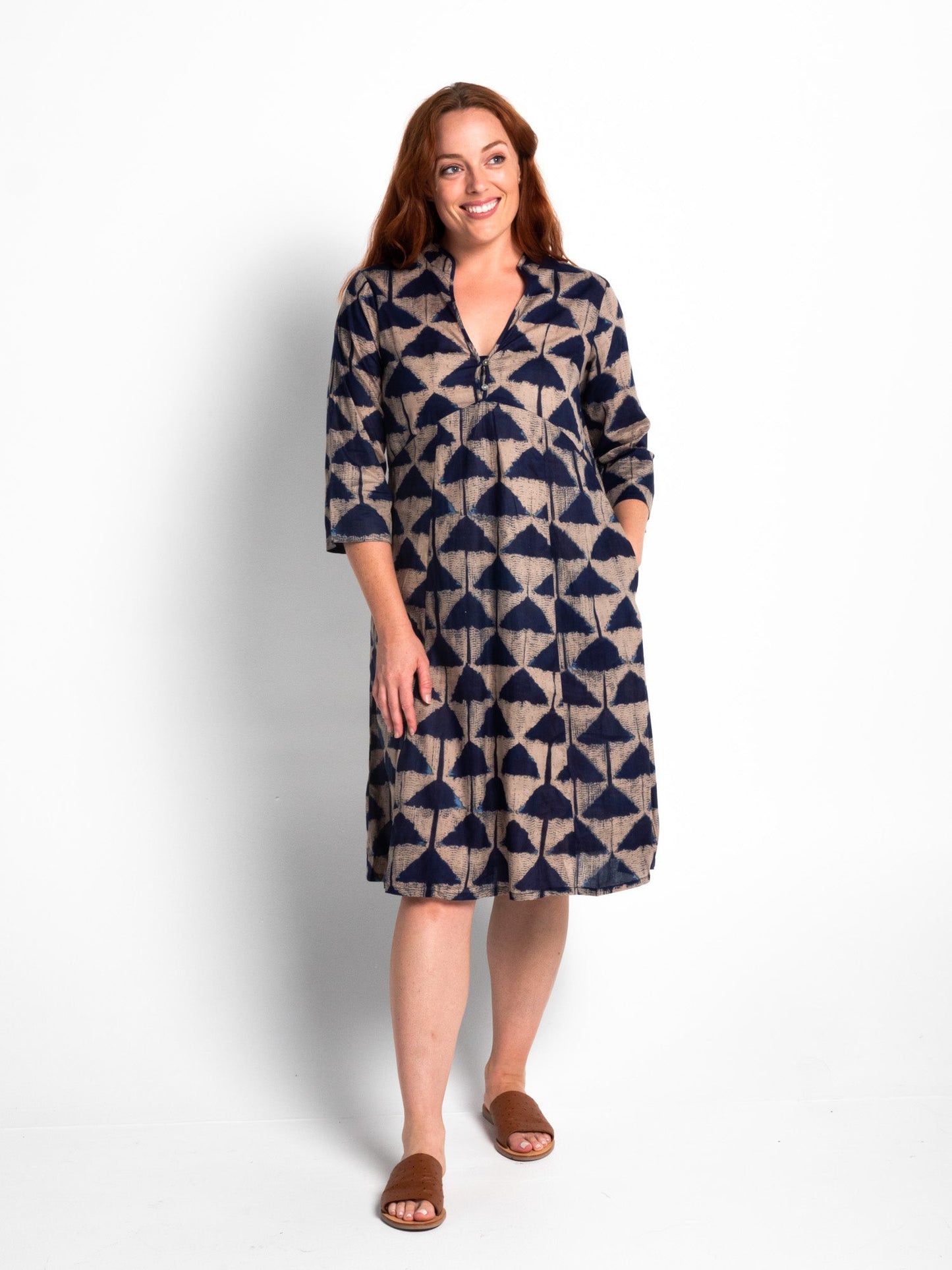 Mareeba Dress 3/4 Sleeve in Blue Triangles