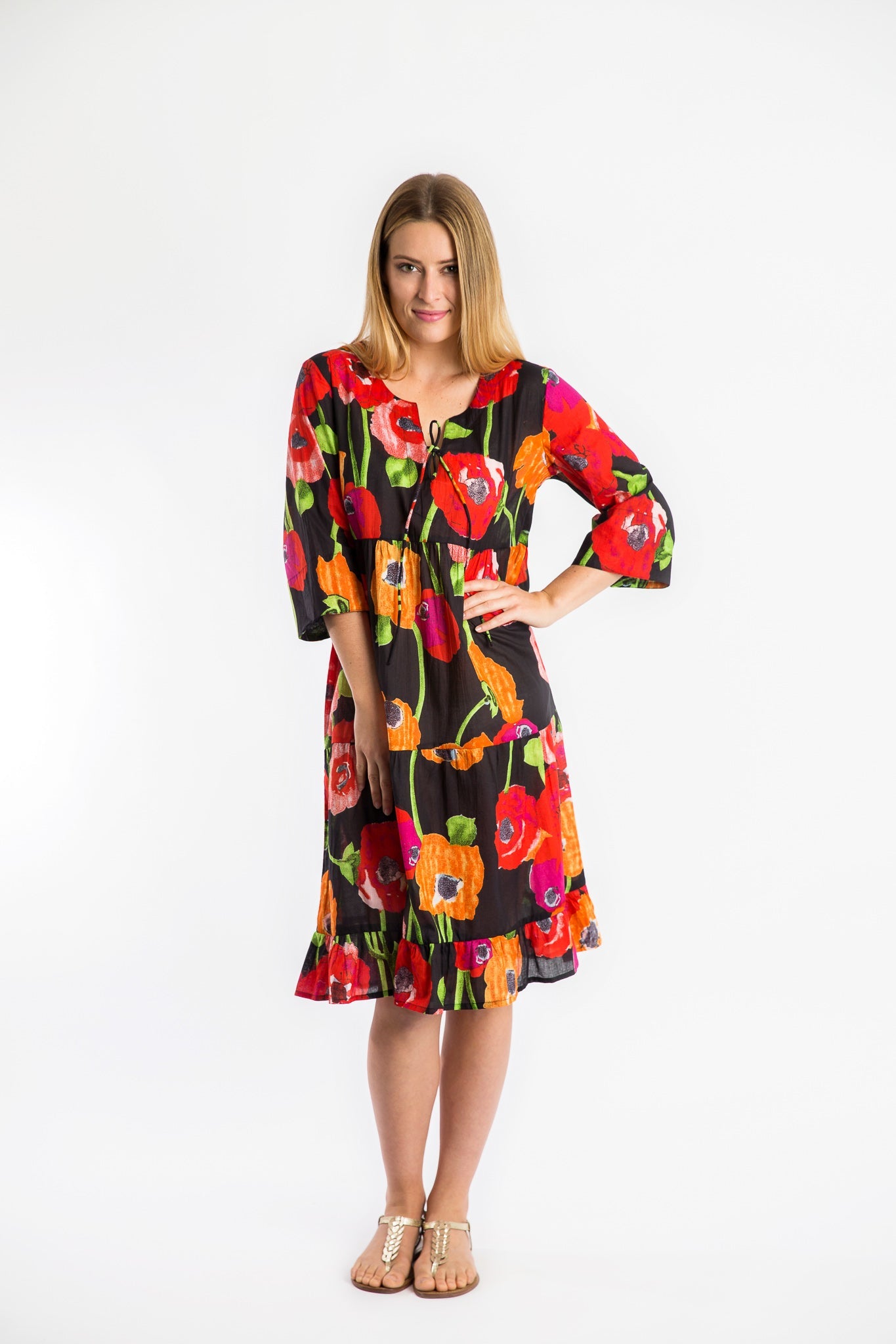 Keppel V-neck Gypsy dress in Black Poppies
