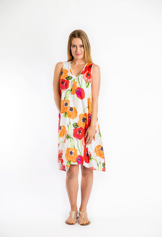 Coolum Dress in White Poppies
