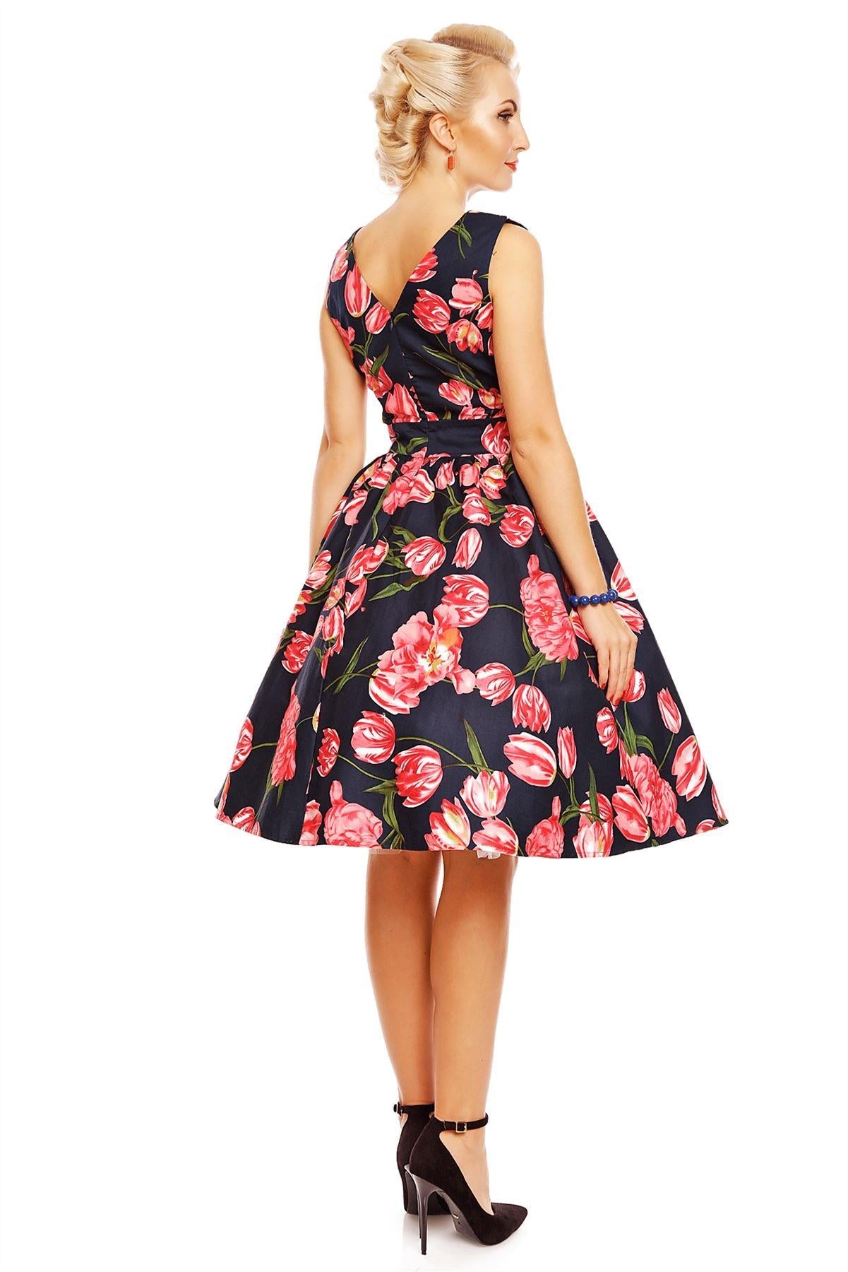 May V-neck 50s Style Floral Dress in Blue-Pink Tulip
