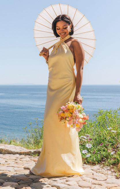 Jasmine Halter Maxi Dress ~ Pale Yellow Luxe Satin