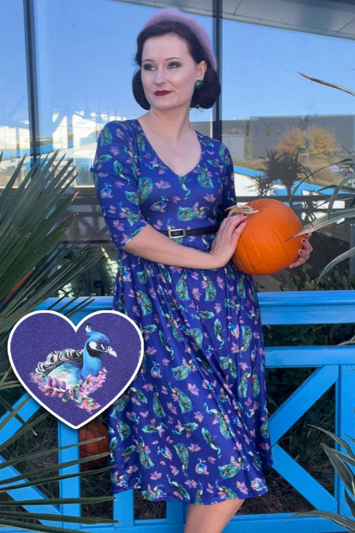 Billie Purple Dress in Peacock Birds Floral Print